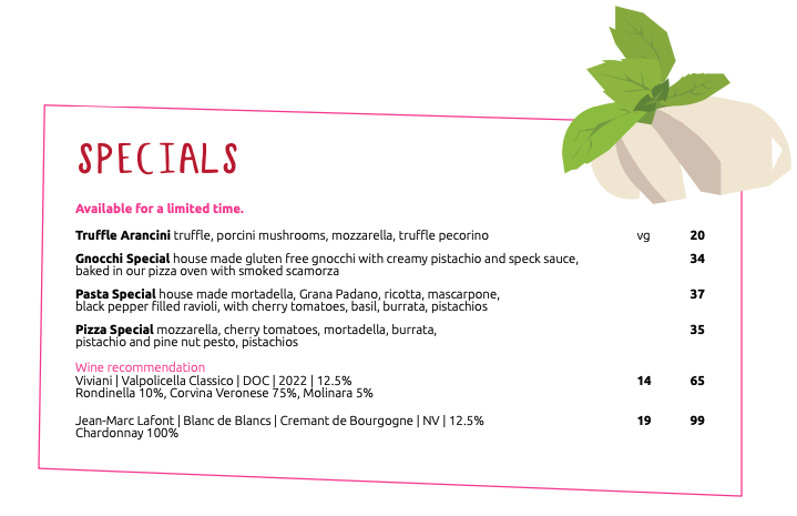 January Specials menu
